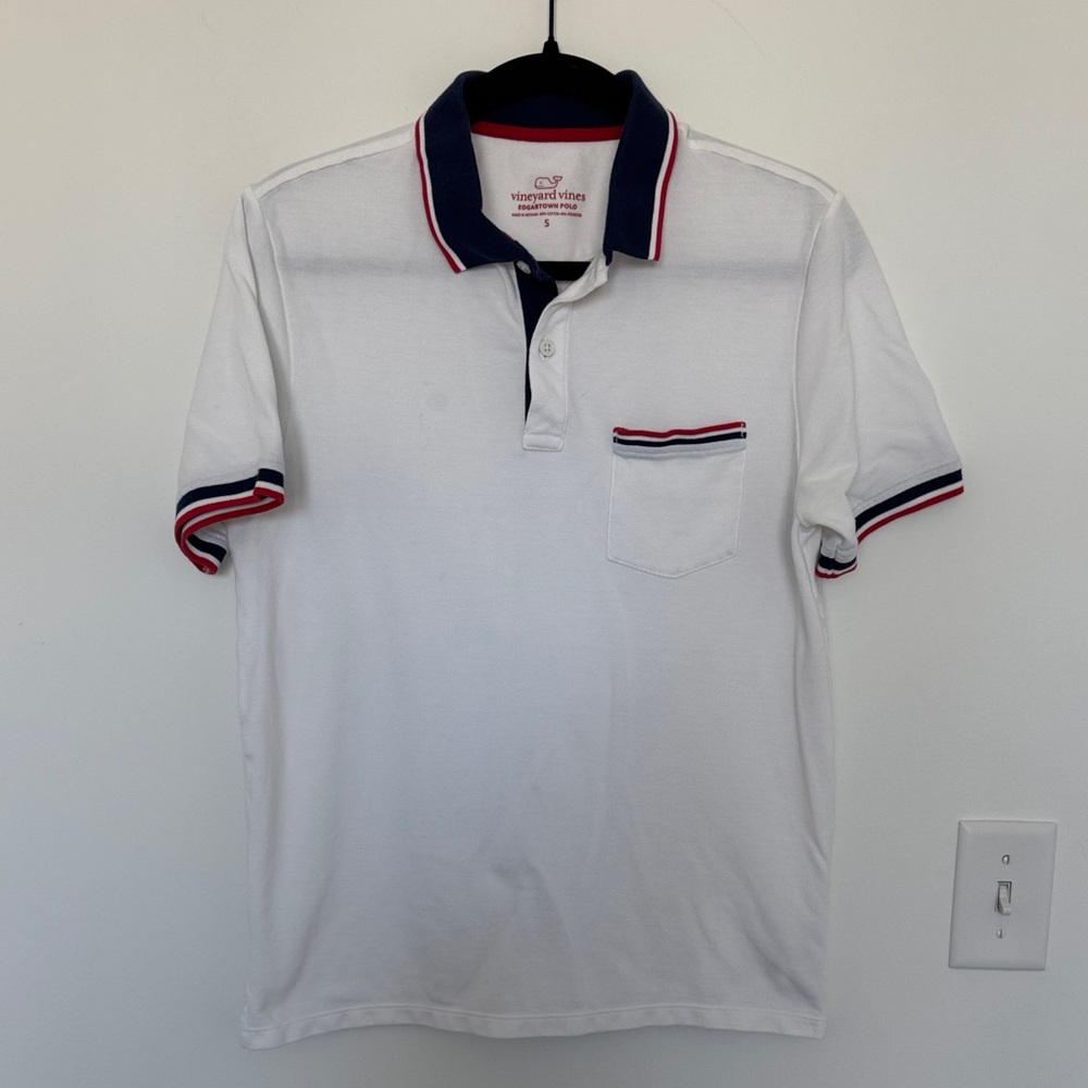 Vineyard Vines Edgartown White Polo with Navy and Red Trim - Size S